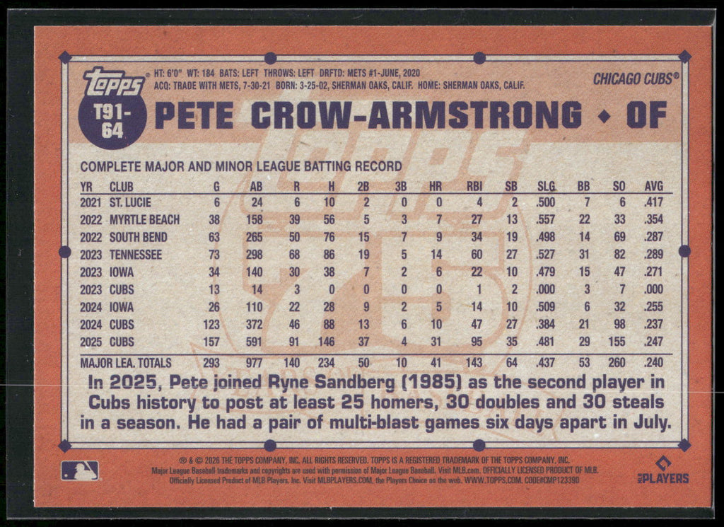 2026 Topps #T91-64 Pete Crow-Armstrong 1991 Topps Baseball 35th Anni