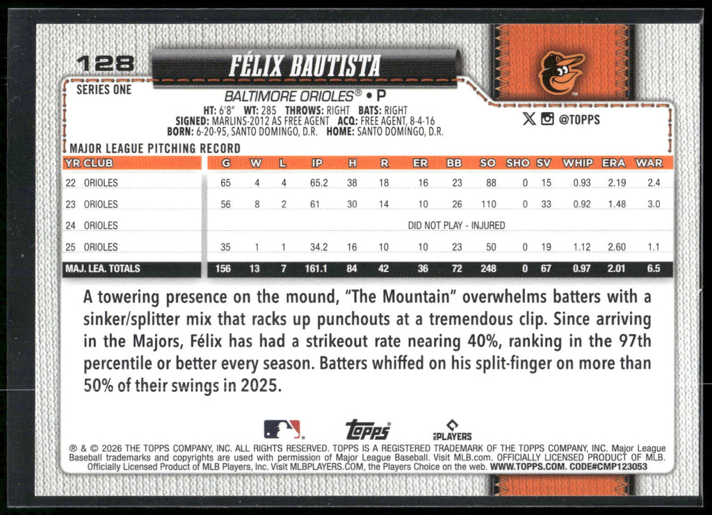 2026 Topps #128 Félix Bautista Sandglitter