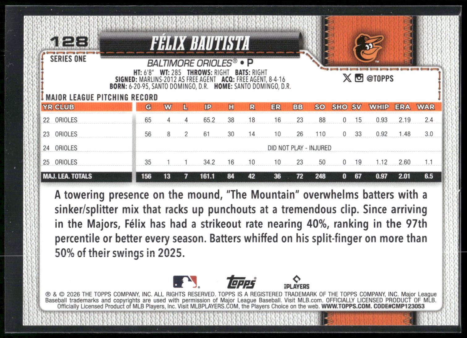 2026 Topps #128 Félix Bautista Sandglitter