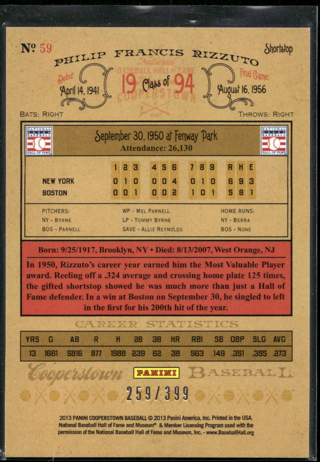 2013 Panini Cooperstown #59 Phil Rizzuto Red Crystal #/399