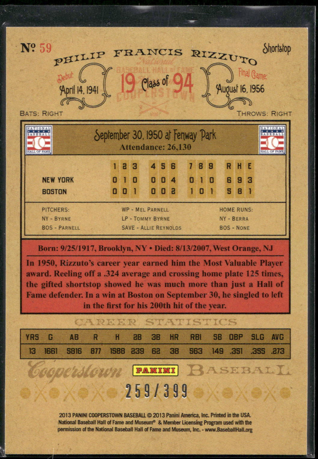 2013 Panini Cooperstown #59 Phil Rizzuto Red Crystal #/399