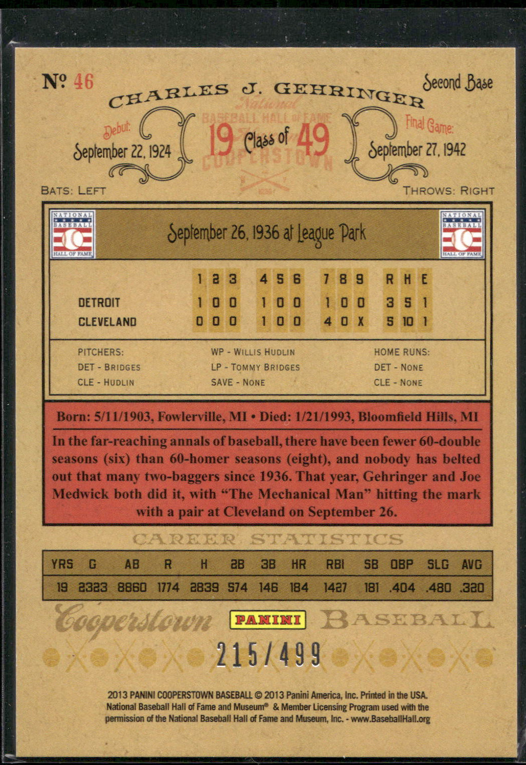 2013 Panini Cooperstown #46 Charlie Gehringer Blue Crystal #/499
