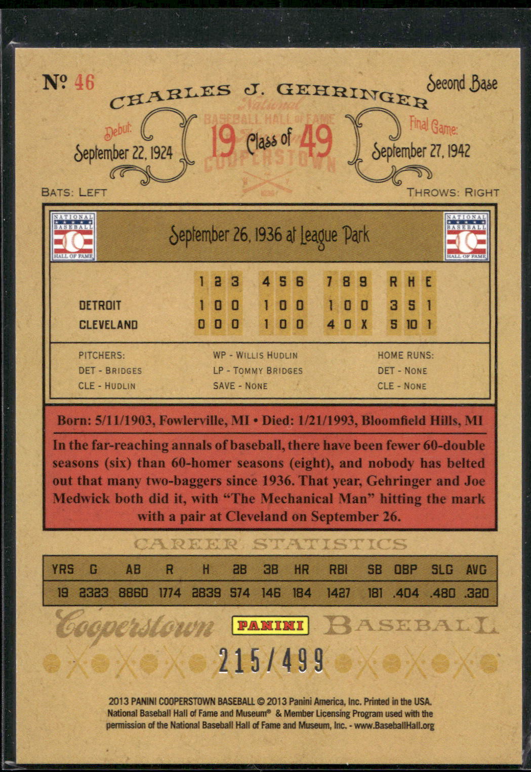 2013 Panini Cooperstown #46 Charlie Gehringer Blue Crystal #/499