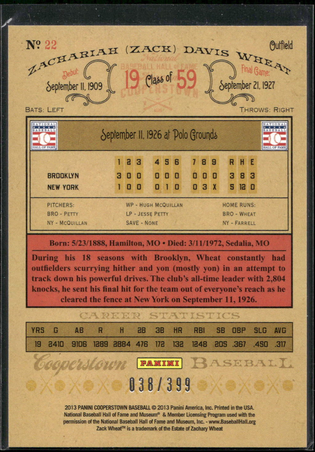 2013 Panini Cooperstown #22 Zack Wheat Red Crystal #/399