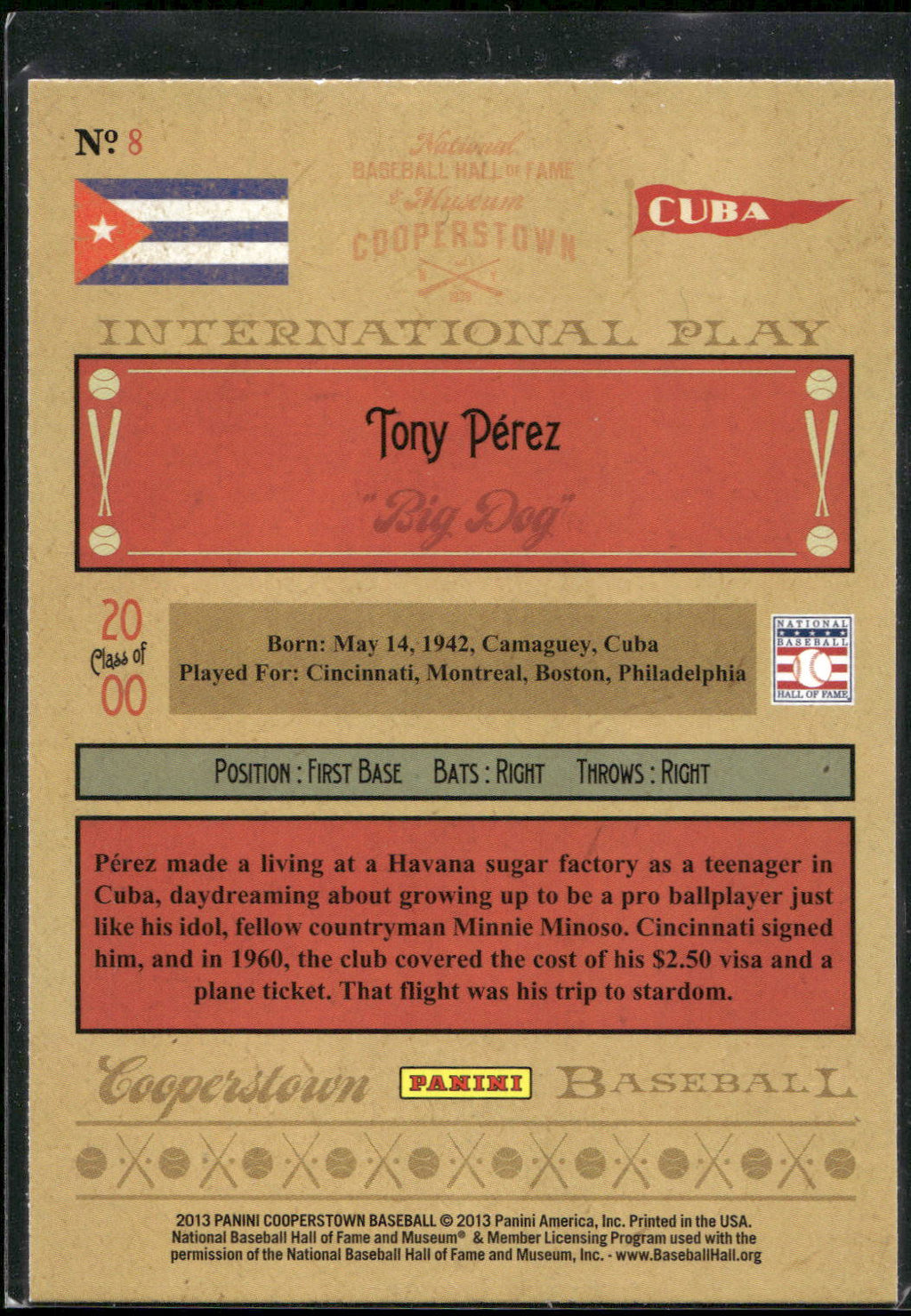 2013 Panini Cooperstown #8 Tony Perez International Play