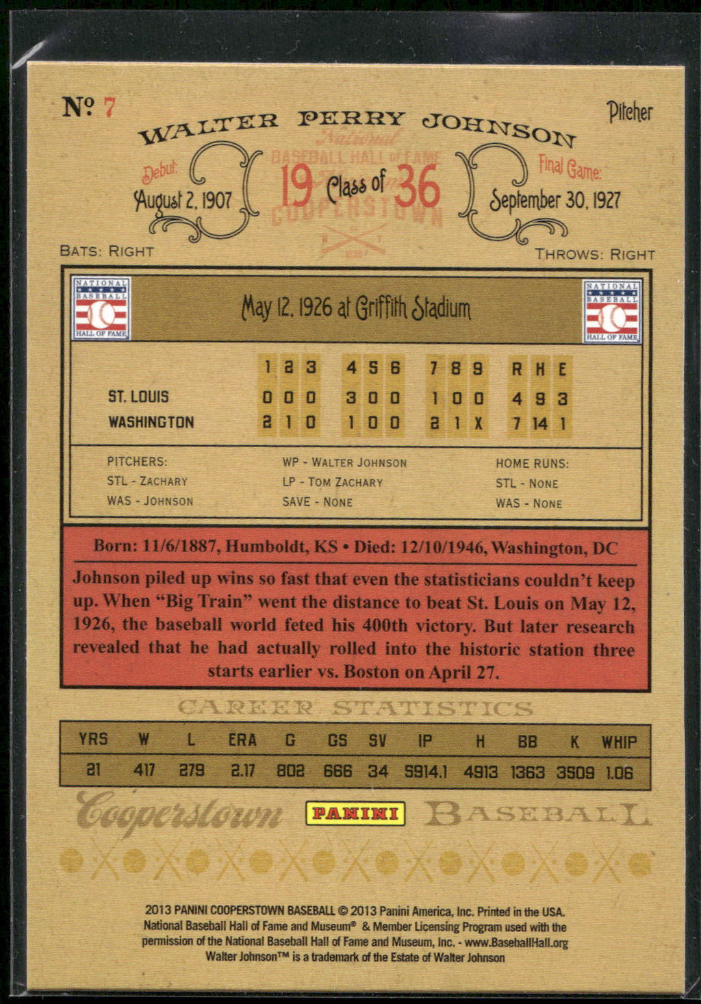 2013 Panini Cooperstown #7 Walter Johnson Green Crystal