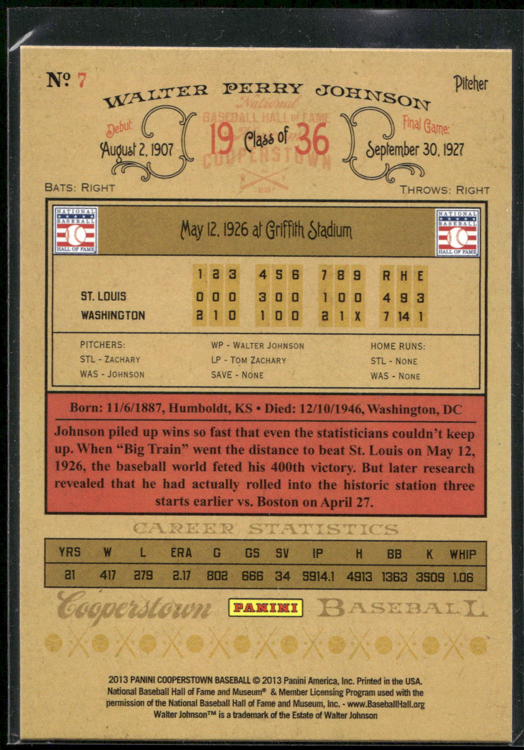 2013 Panini Cooperstown #7 Walter Johnson Green Crystal