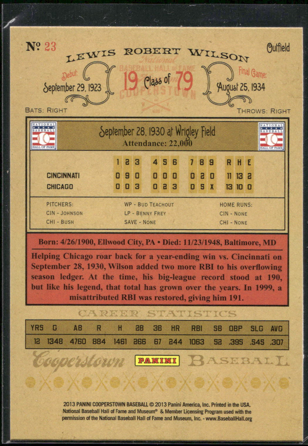 2013 Panini Cooperstown #23 Hack Wilson Green Crystal