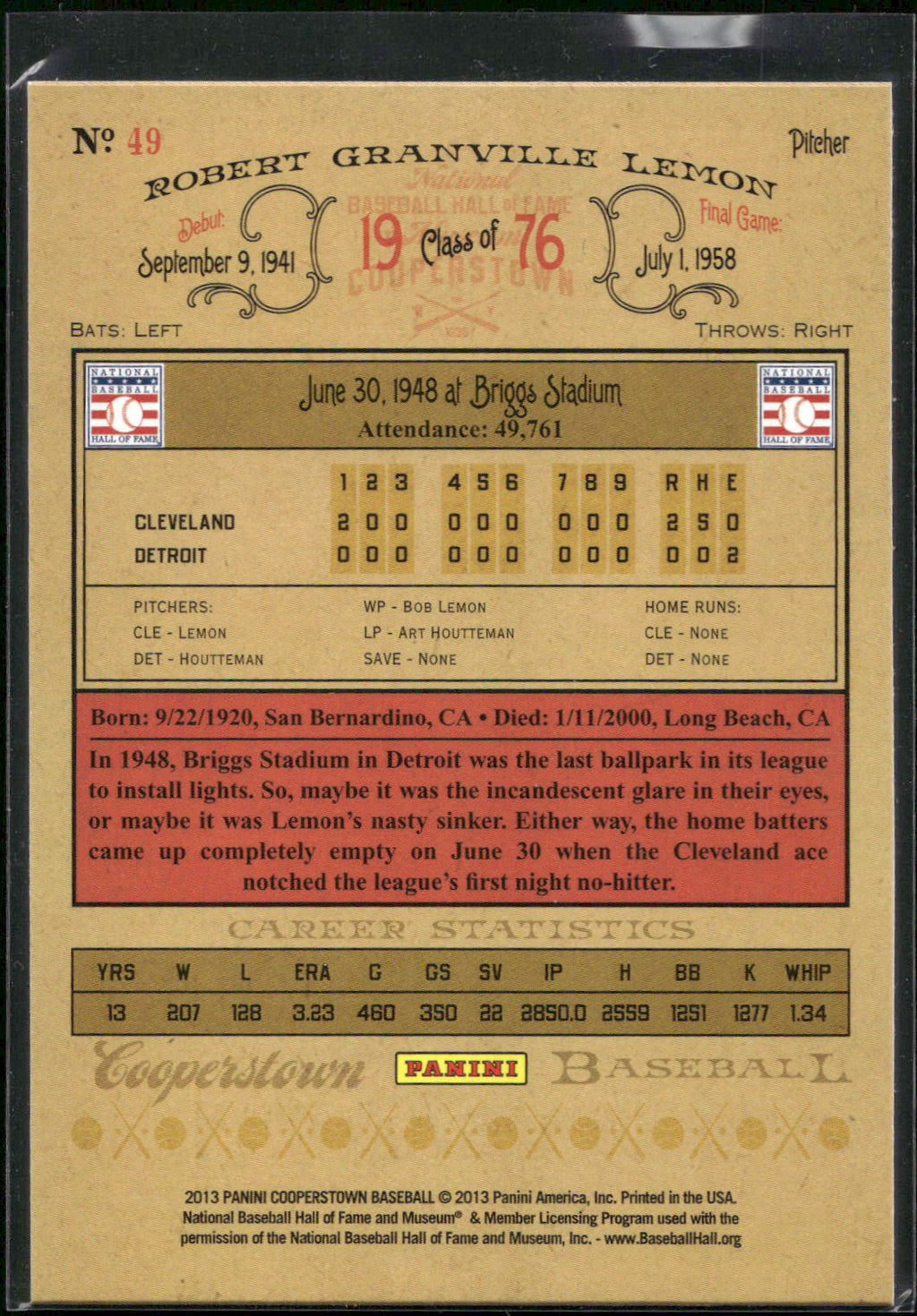 2013 Panini Cooperstown #49 Bob Lemon Green Crystal