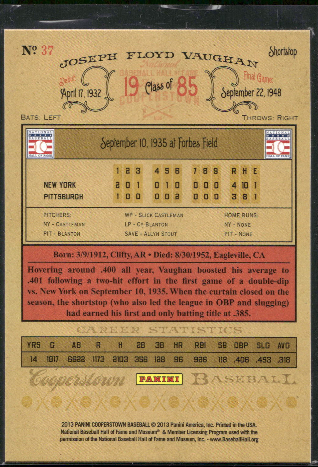 2013 Panini Cooperstown #37 Arky Vaughan Green Crystal