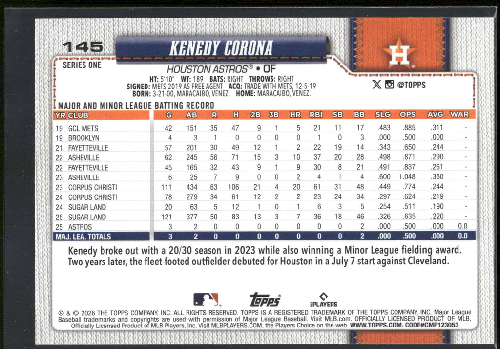 2026 Topps #145 Kenedy Corona