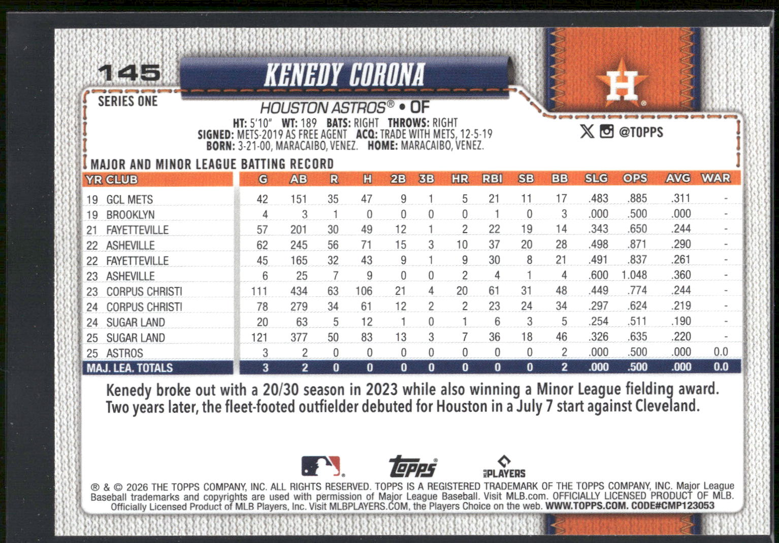 2026 Topps #145 Kenedy Corona