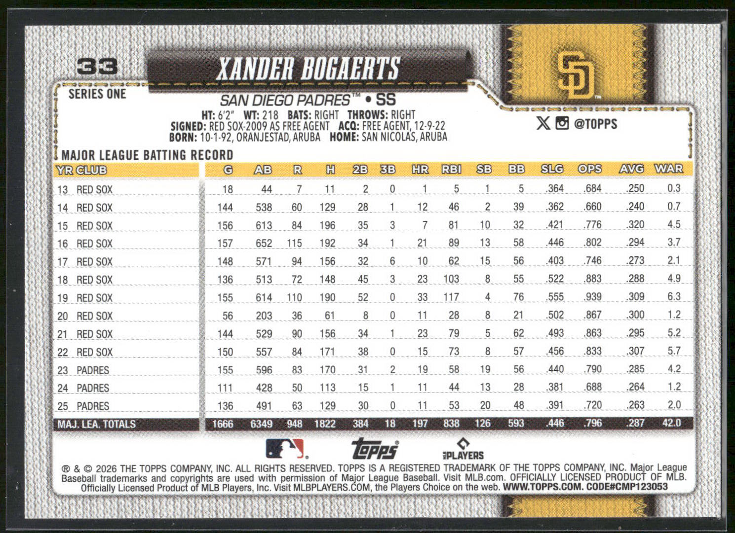 2026 Topps #33 Xander Bogaerts Sandglitter