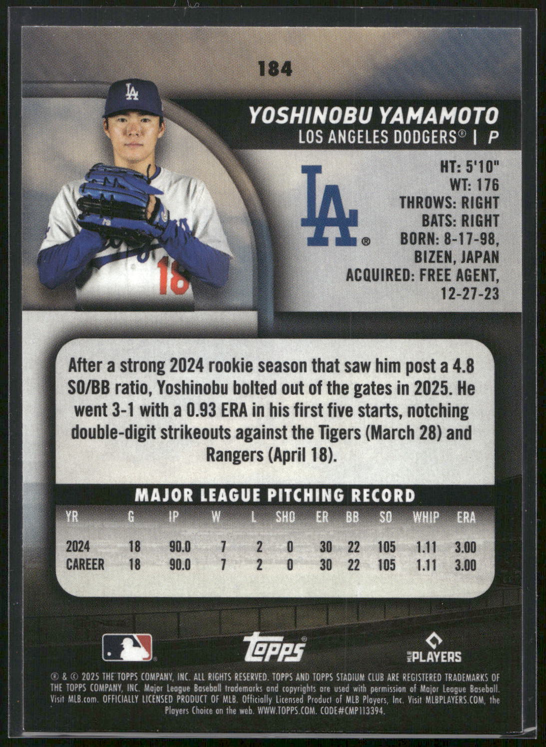 2025 Stadium Club #184 Yoshinobu Yamamoto Lime Green