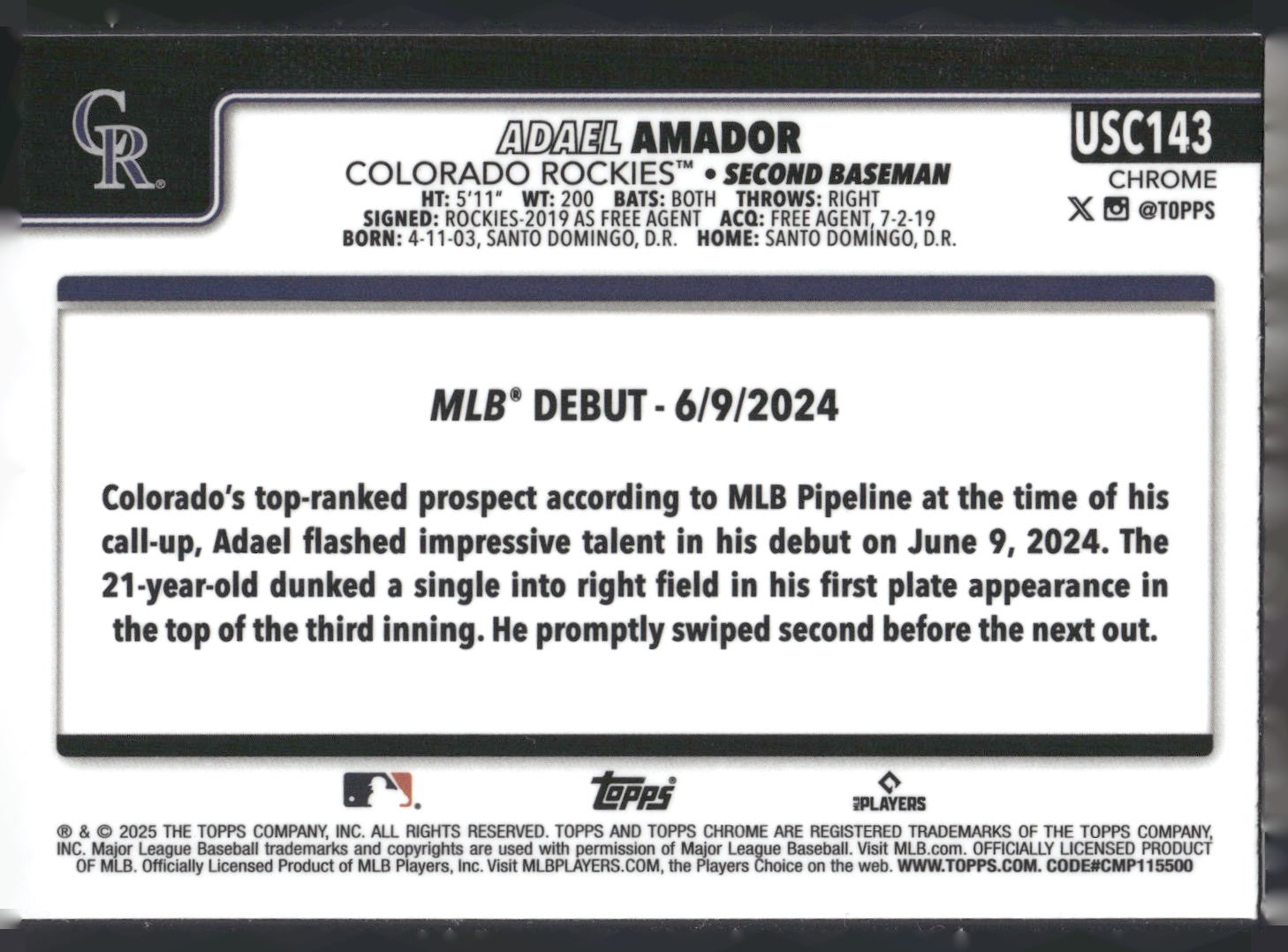 2025 Topps Chrome Update #USC143 Adael Amador