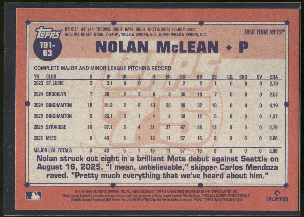 2026 Topps #T91-63 Nolan McLean 1991 Topps Baseball 35th Anni Crackle Foil