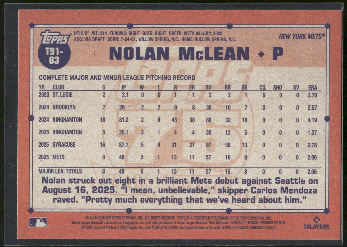 2026 Topps #T91-63 Nolan McLean 1991 Topps Baseball 35th Anni Crackle Foil