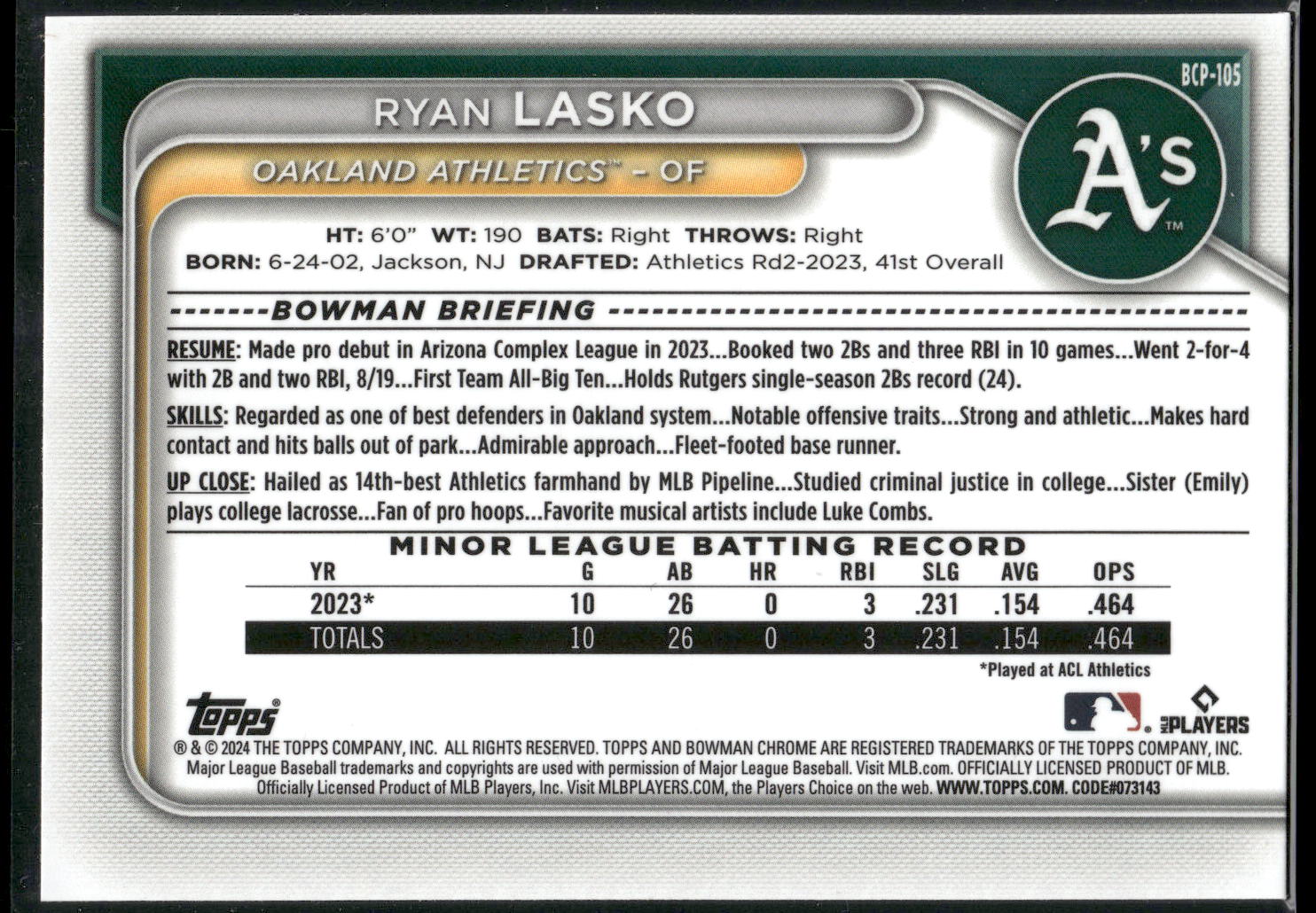 2024 Bowman #BCP-105 Ryan Lasko Chrome Prospects