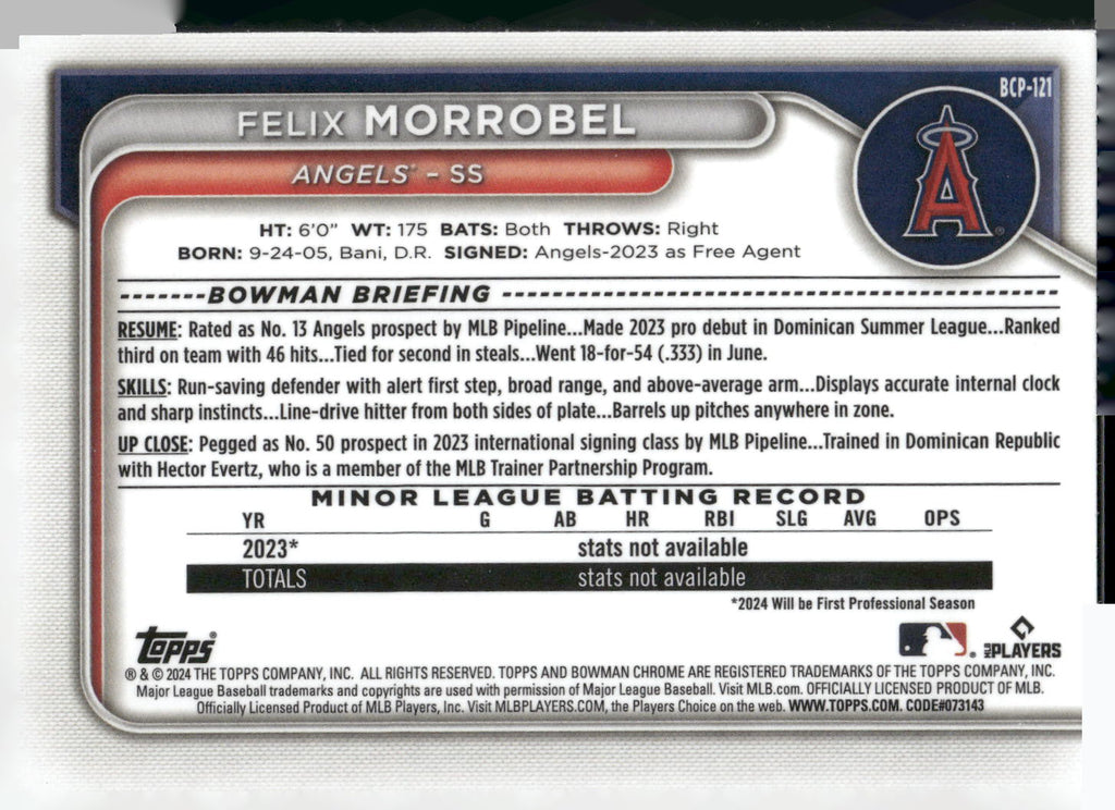 2024 Bowman #BCP-121 Felix Morrobel Chrome Prospects