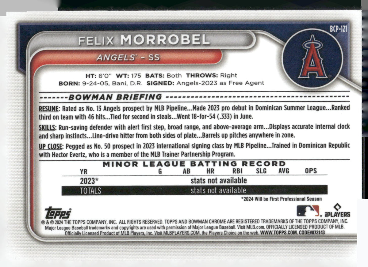 2024 Bowman #BCP-121 Felix Morrobel Chrome Prospects