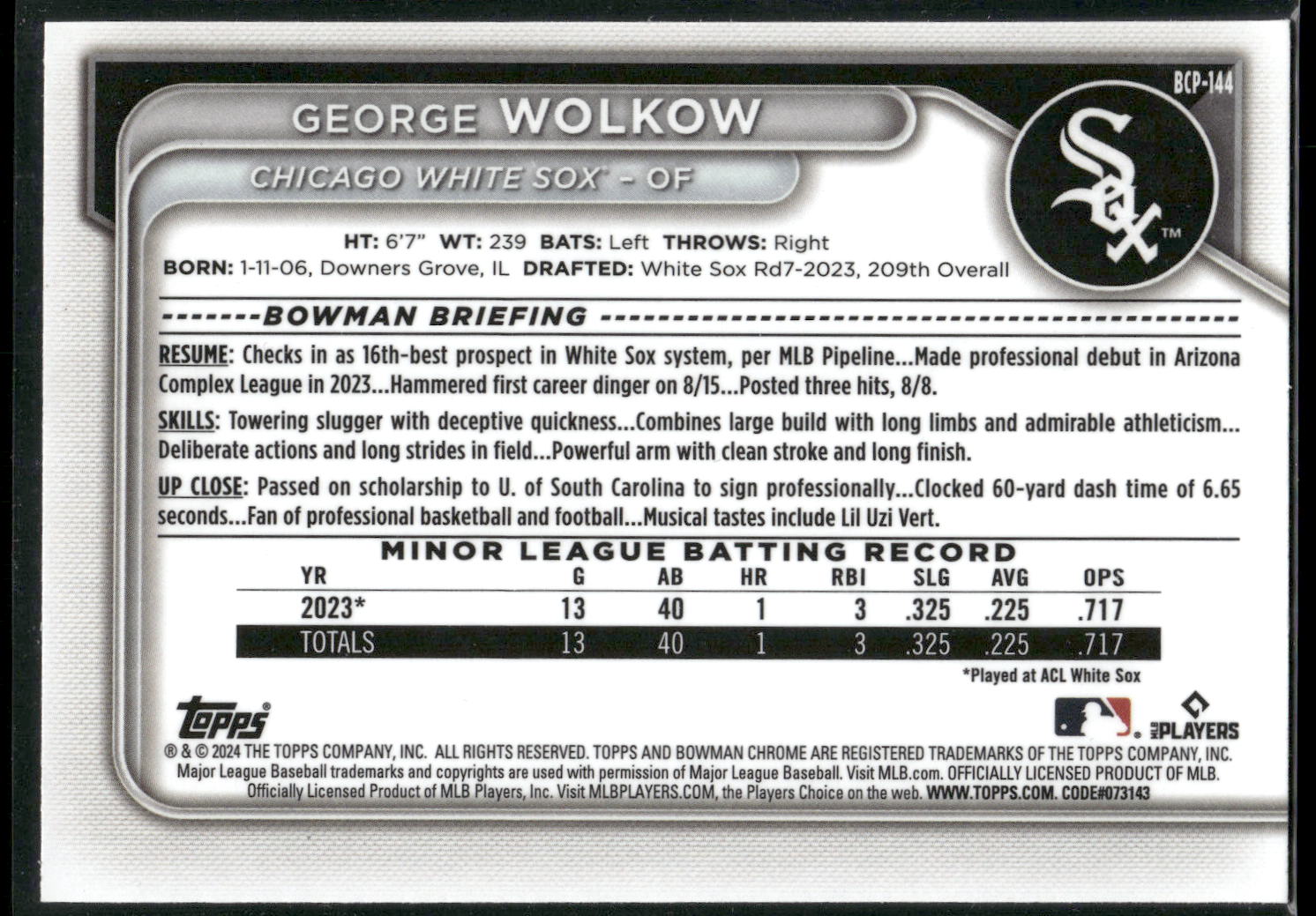 2024 Bowman #BP-144 George Wolkow Prospects