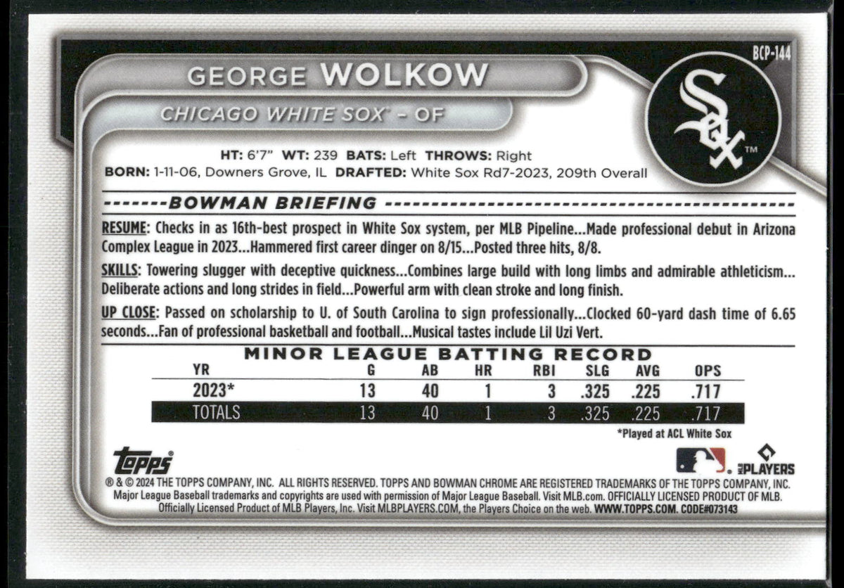 2024 Bowman #BP-144 George Wolkow Prospects