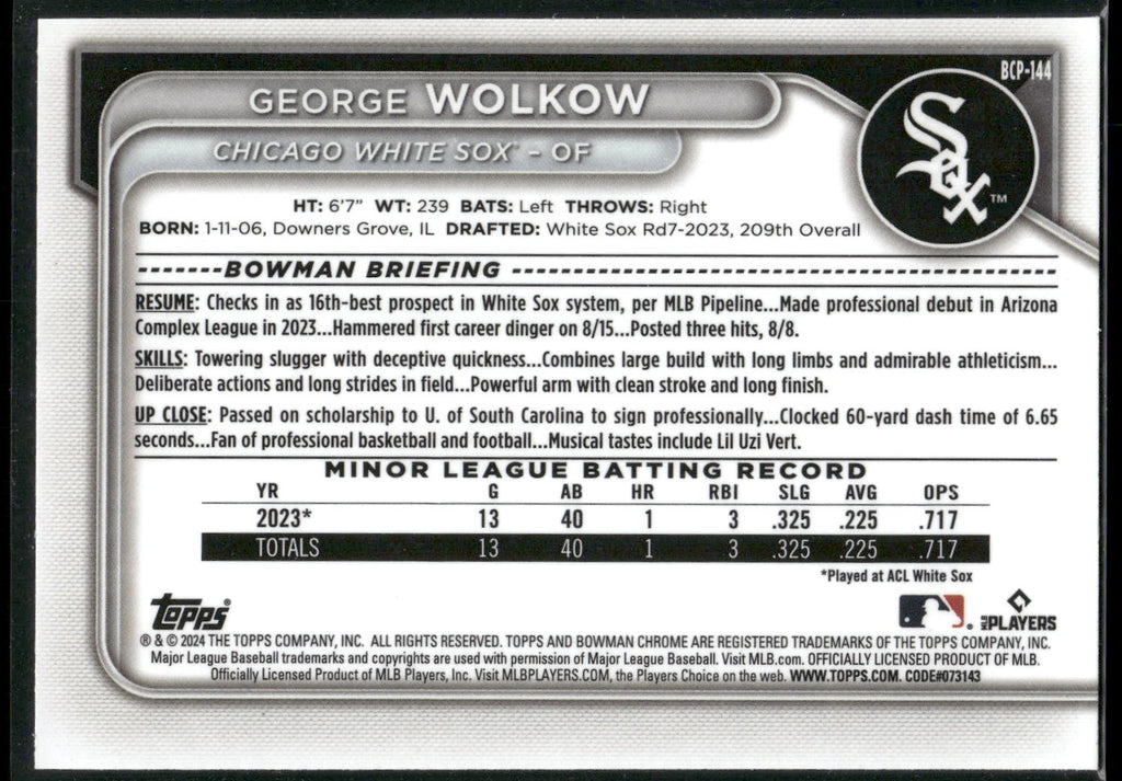 2024 Bowman #BP-144 George Wolkow Prospects