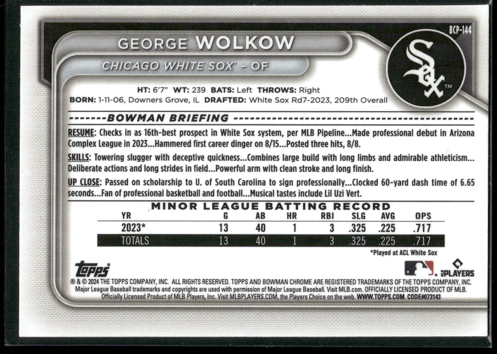 2024 Bowman #BP-144 George Wolkow Prospects