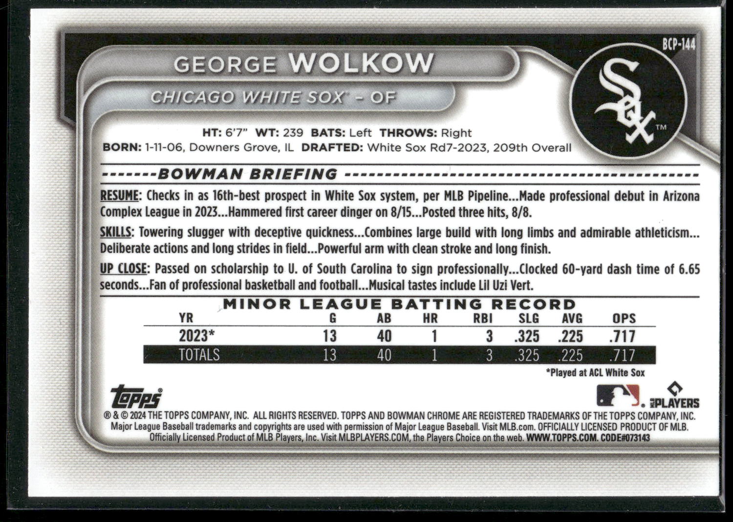 2024 Bowman #BP-144 George Wolkow Prospects