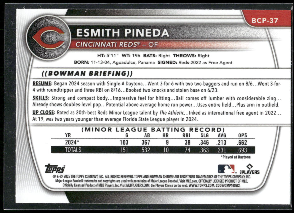 2025 Bowman #BCP-37 Esmith Pineda Chrome Prospects Mojo Refractor