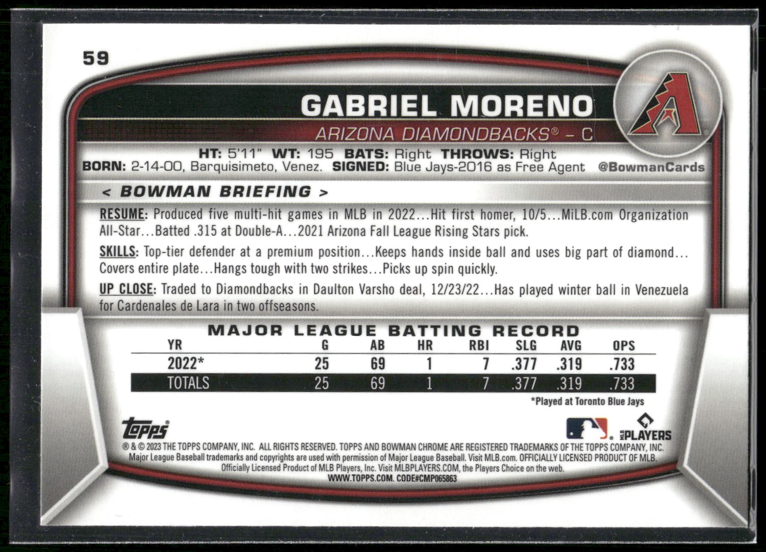2023 Bowman Chrome #59 Gabriel Moreno