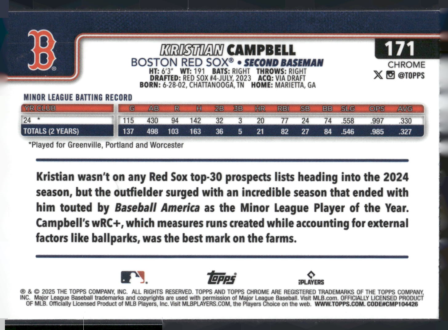 2025 Topps Chrome #171 Kristian Campbell