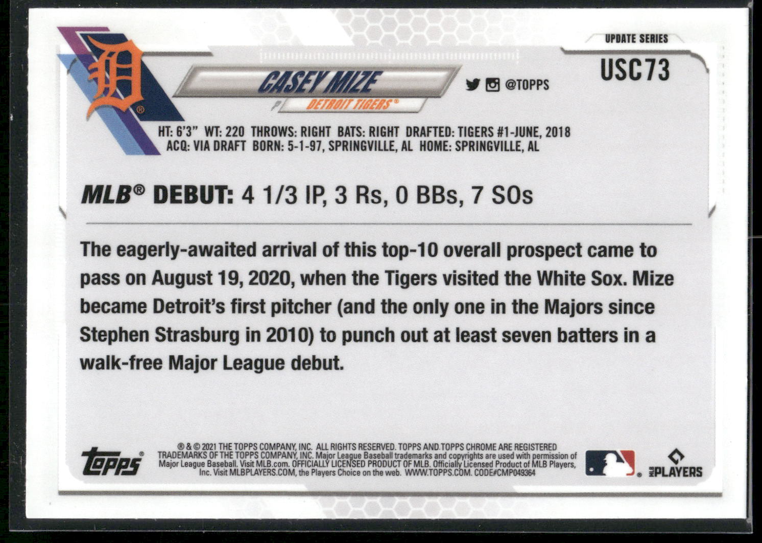 2021 Topps Chrome Update #USC73 Casey Mize