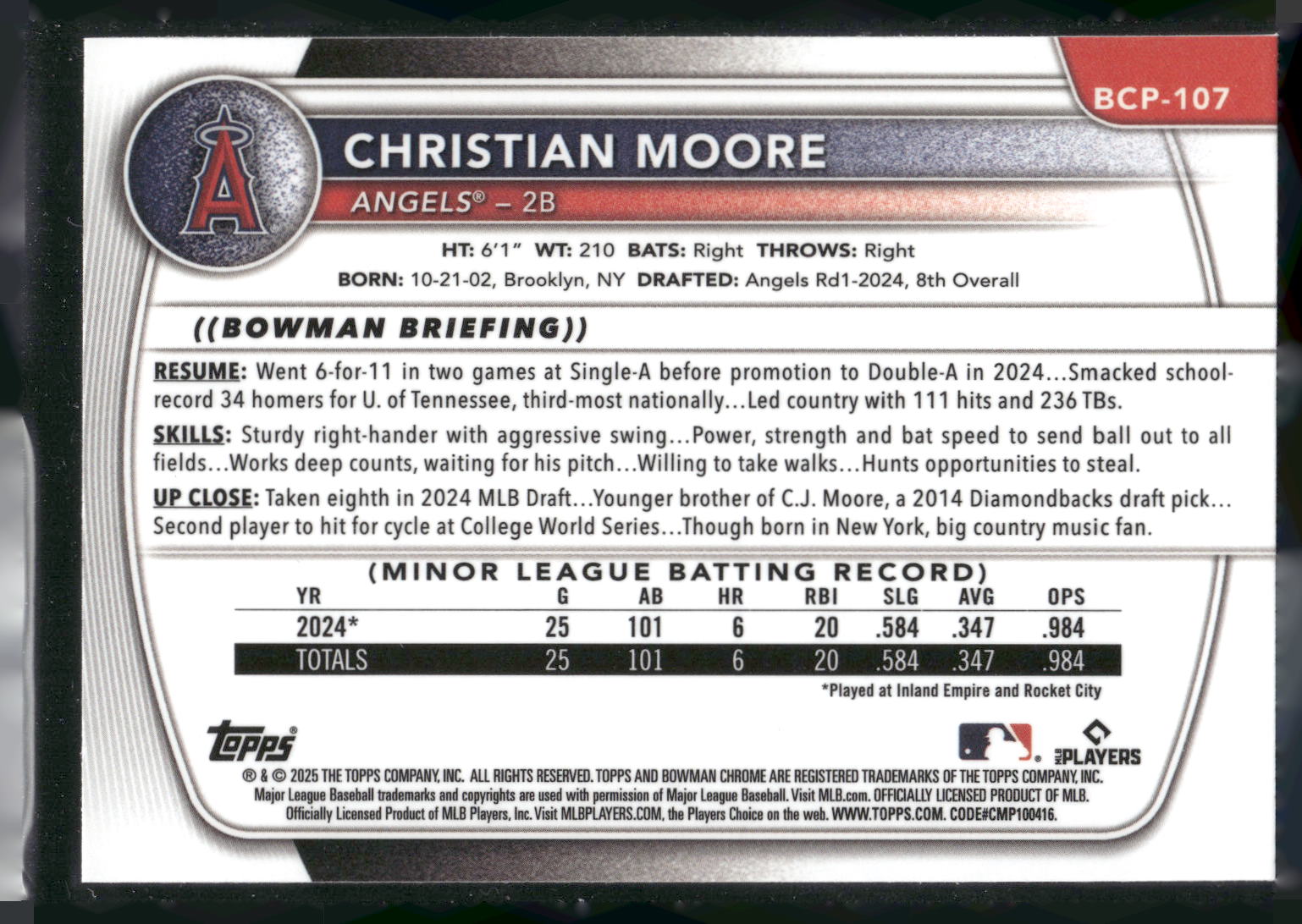 2025 Bowman #BP-107 Christian Moore Prospects