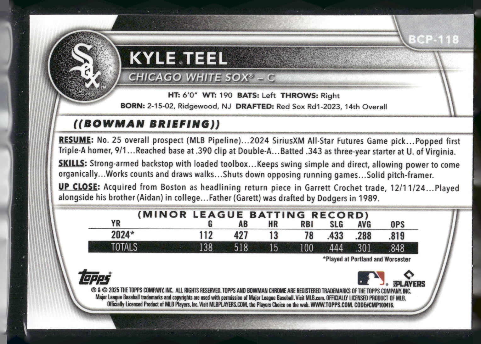 2025 Bowman #BCP-118 Kyle Teel Chrome Prospects