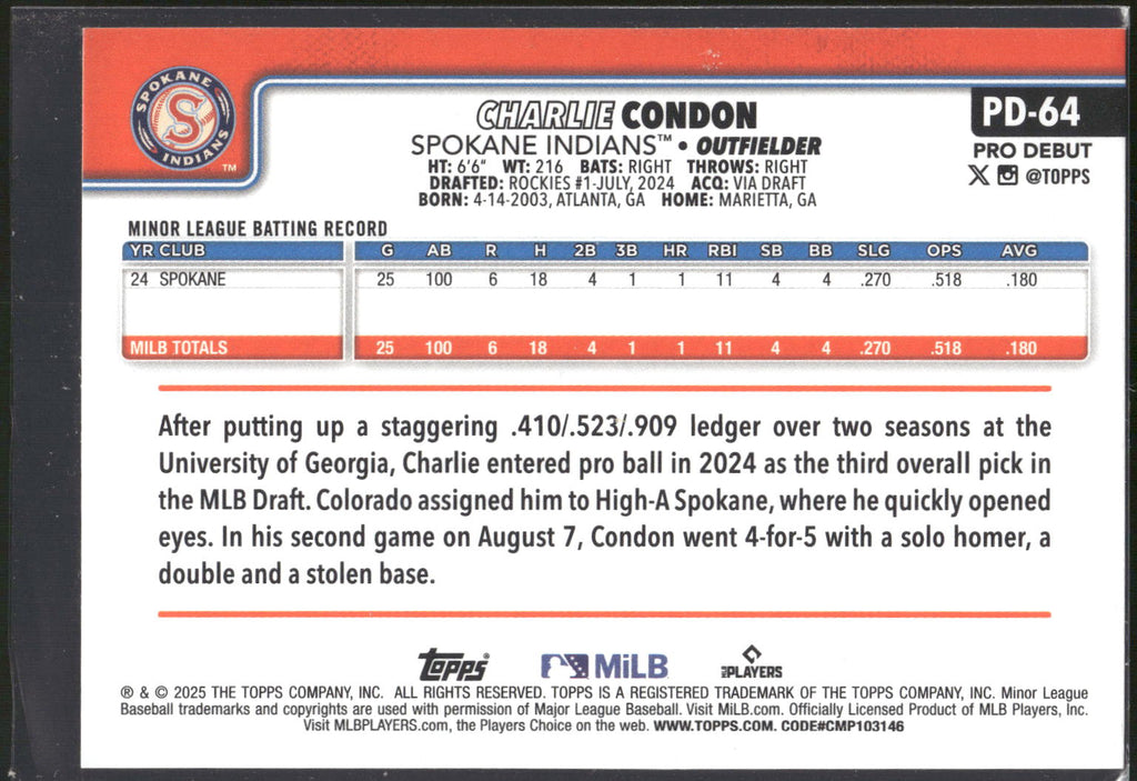2025 Topps Pro Debut #PD-64 Charlie Condon