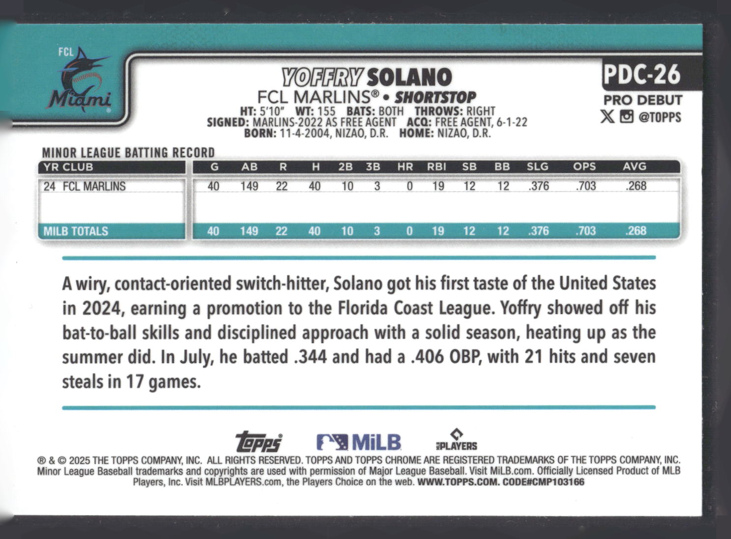 2025 Topps Pro Debut - Chrome #PDC-26 Yoffry Solano