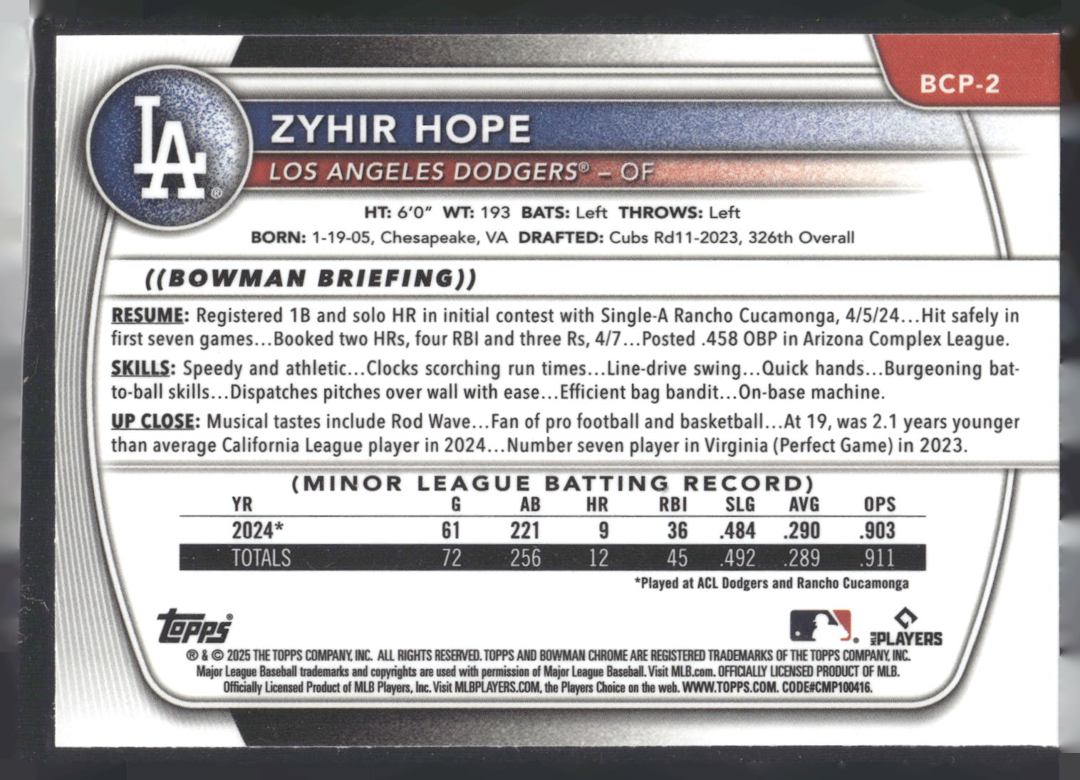 2025 Bowman Chrome #BCP-2 Zyhir Hope