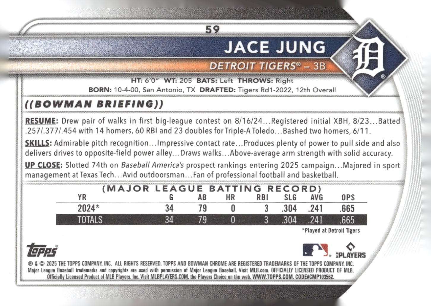 2025 Bowman #59 Jace Jung Chrome Mojo Refractor