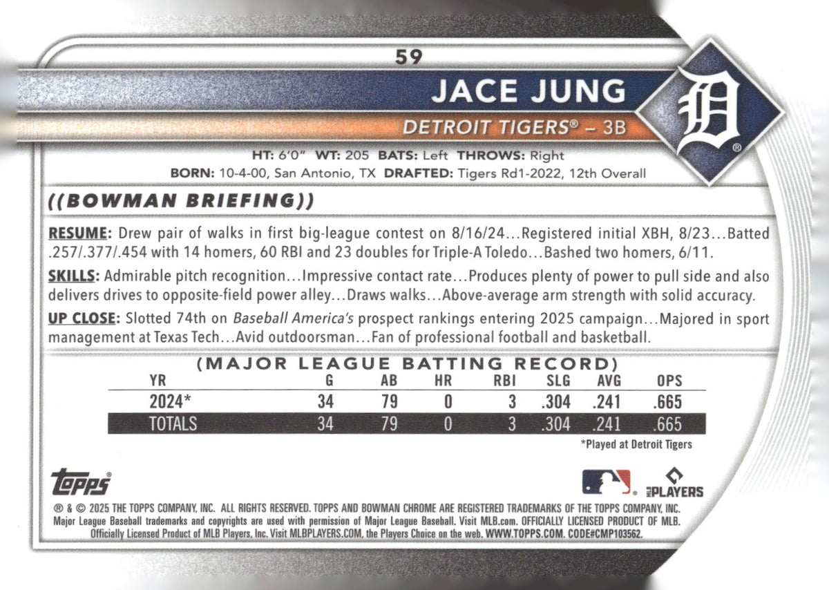 2025 Bowman #59 Jace Jung Chrome Mojo Refractor