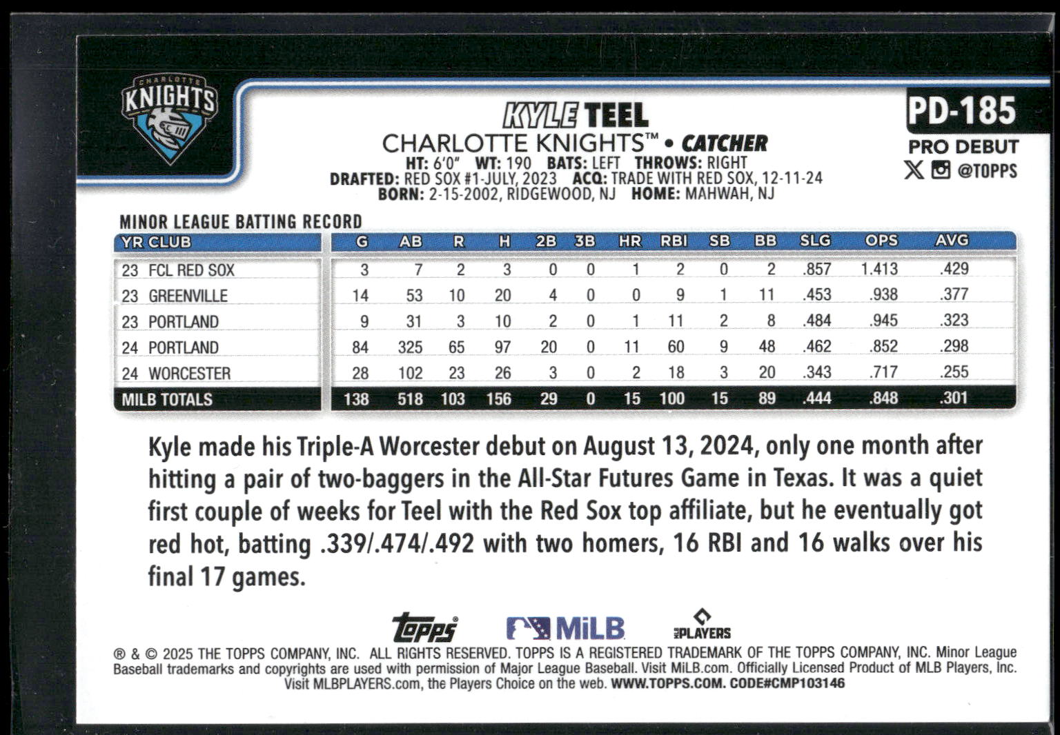 2025 Topps Pro Debut #PD-185 Kyle Teel