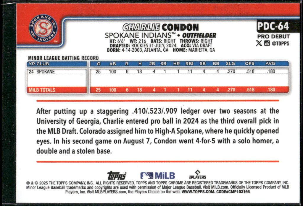 2025 Topps Pro Debut - Chrome #PDC-64 Charlie Condon