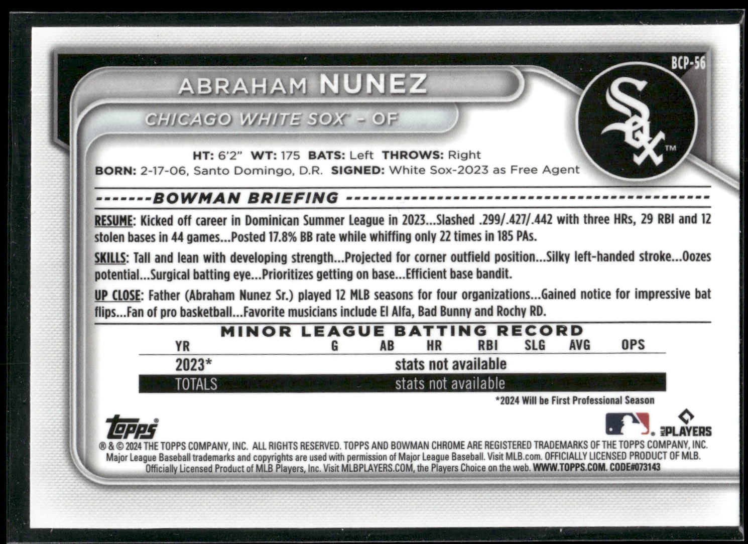 2024 Bowman #BCP-56 Abraham Nunez Chrome Prospects