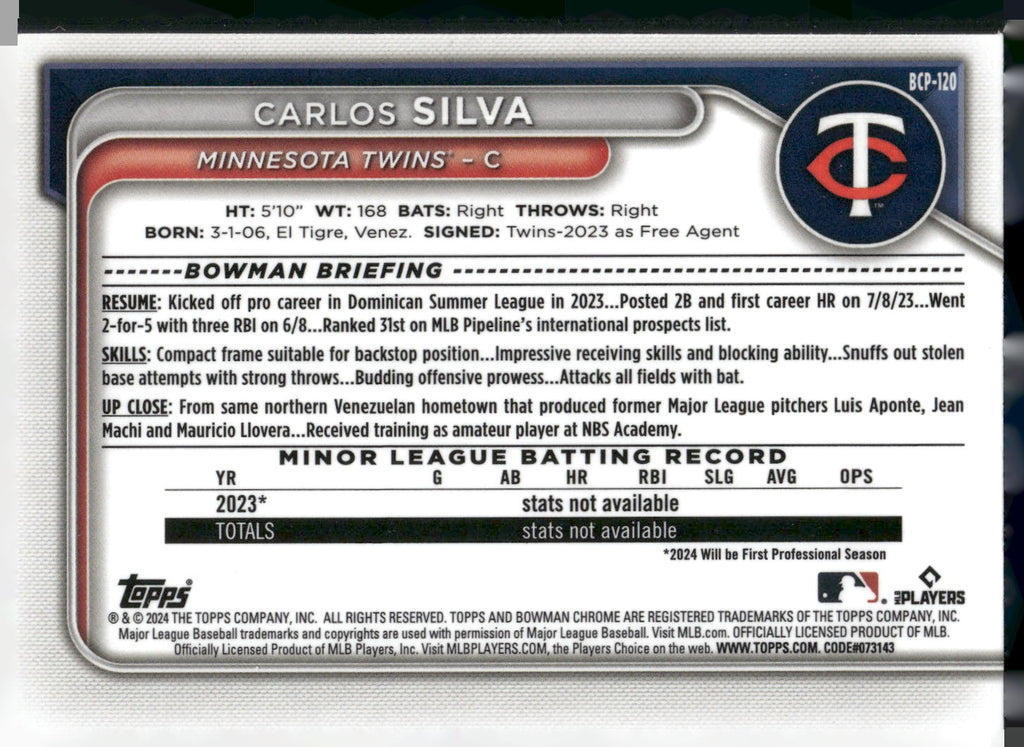 2024 Bowman #BCP-120 Carlos Silva Chrome Prospects