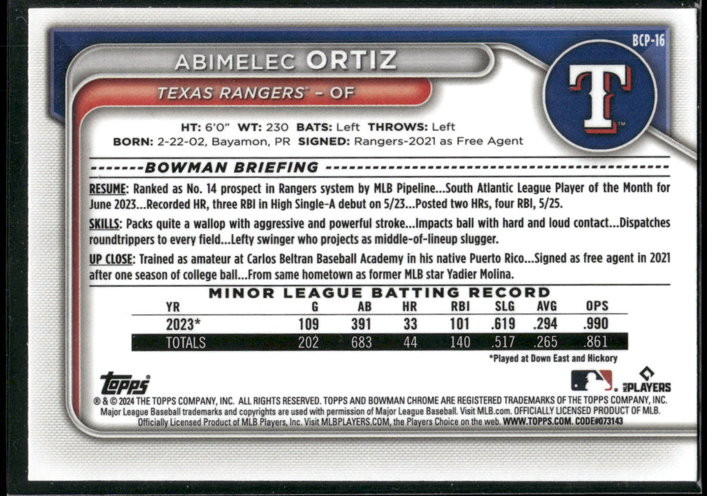 2024 Bowman #BCP-16 Abimelec Ortiz Chrome Prospects