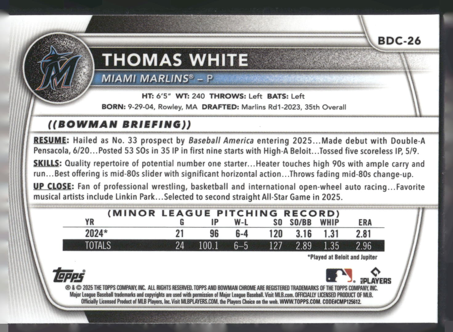 2025 Bowman Draft #BDC-26 Thomas White Chrome Laser Refractor