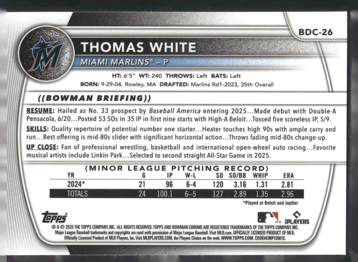 2025 Bowman Draft #BDC-26 Thomas White Chrome Laser Refractor