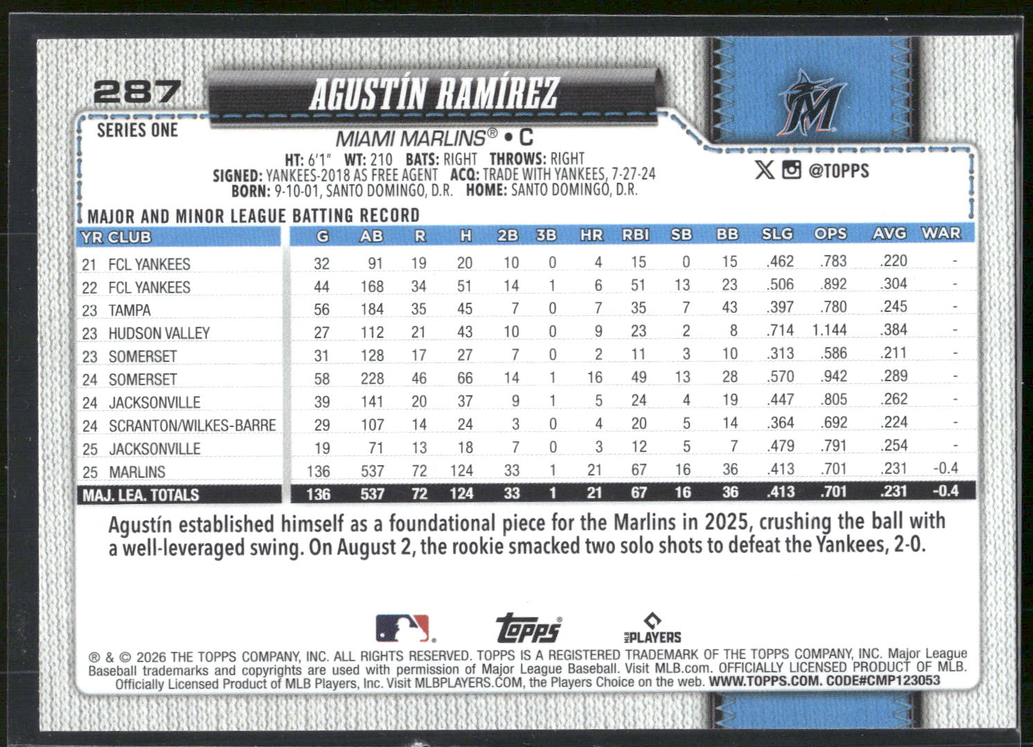 2026 Topps #287 Agustín Ramírez