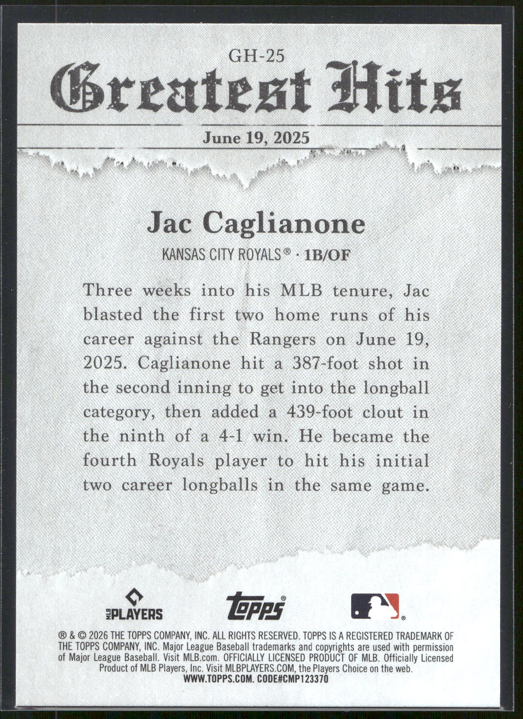2026 Topps #GH-25 Jac Caglianone 2025 Greatest Hits