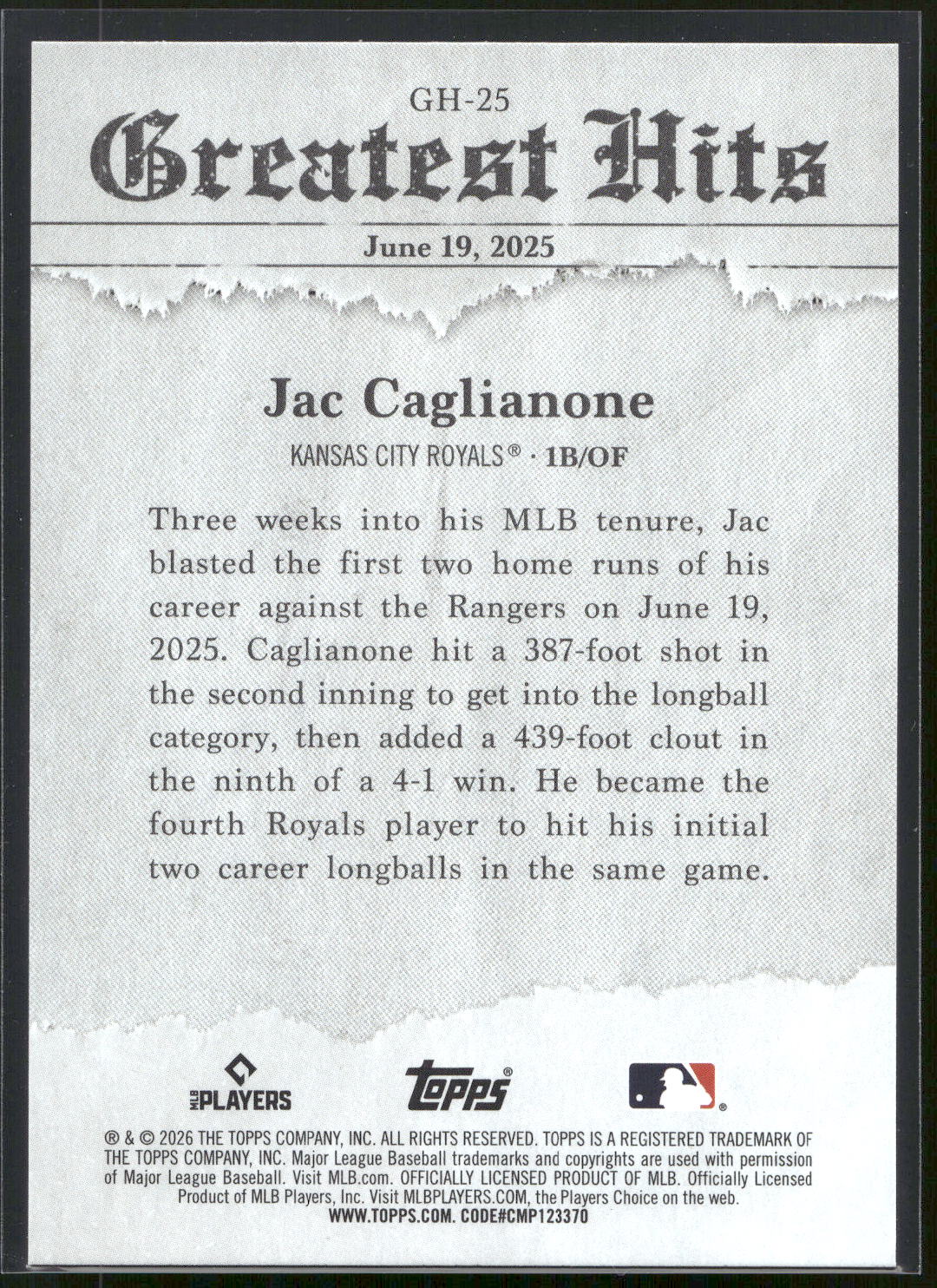 2026 Topps #GH-25 Jac Caglianone 2025 Greatest Hits